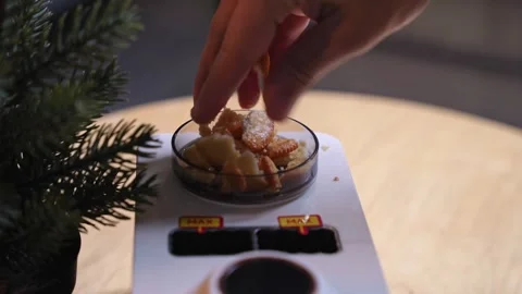 Hand Crumbling Orange Cookie Into Kitchen Appliance Stock Footage 338419102