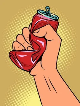 A hand crushes a tin can, the topic of ecology and garbage recycling. Container 库存插图
