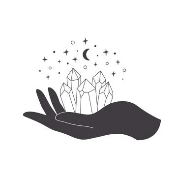 Hand with crystal. Mystical, esoteric, magic or healing crystal. Linear art. Иллюстрация