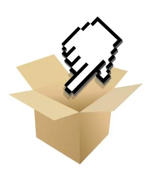 Hand cursor and shipping box illustration over white 스톡 일러스트
