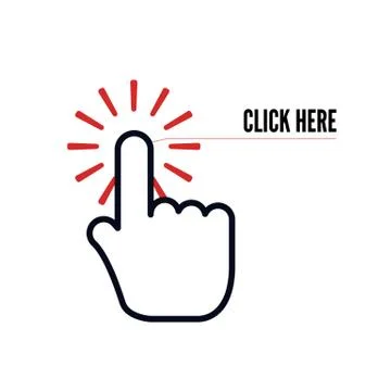 Hand cursor with animation of action and text click here on white background. Stock Illustration