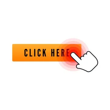 Hand cursor with animation of action over button with text click here on whit Stock Illustration