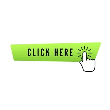 Hand cursor with animation of action over green button with text click here o Stock Illustration