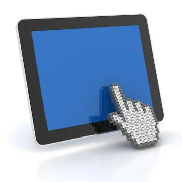 Hand cursor clicking a digital tablet with copyspace, 3d render Stock Illustration