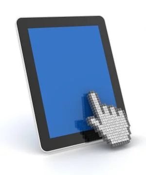 Hand cursor clicking a digital tablet with copyspace, 3d render Stock Illustration