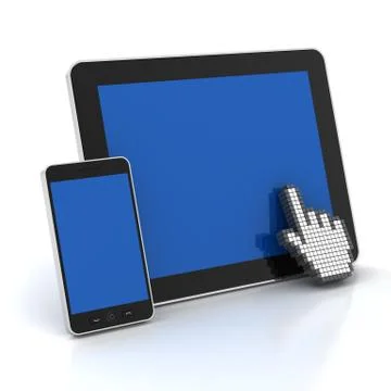 Hand cursor clicking a digital tablet and smartphone with copyspace, 3d render Stock Illustration