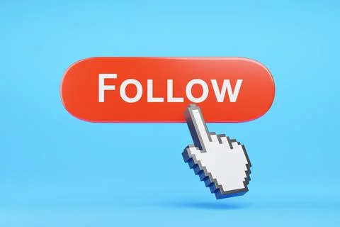 Hand cursor clicking on a follow button. 3d illustration. Stock Illustration