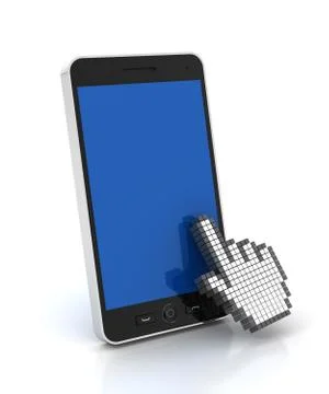 Hand cursor clicking a mobile phone with copyspace, 3d render Stock Illustration