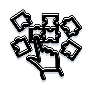 Hand cursor combining puzzle pieces completing a solution Ilustración de archivo