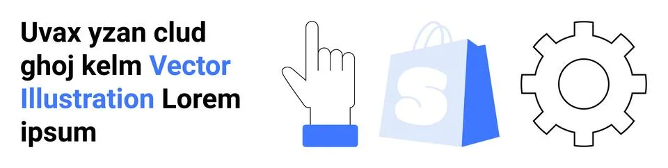 Hand cursor gear and shopping bag with placeholder text in a simplified graph Stock Illustration