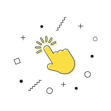 Hand cursor icon vector. Yellow click symbol icon with geometric shapes on white Stock Illustration