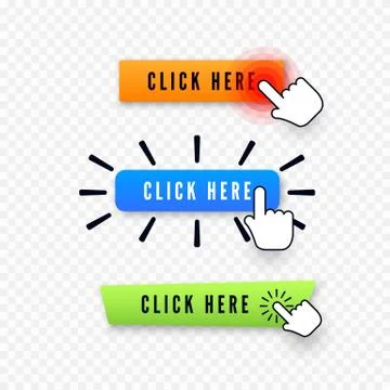 Hand cursor over button with text click here. Web icons element. Set of diffe Stock Illustration