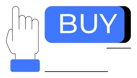 Hand cursor pointing towards a blue BUY button highlighting an online purchas Stock Illustration