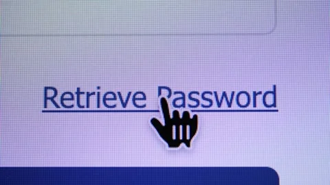 A hand cursor points at a blue "Retrieve Password" link on a screen. Stock Footage 336801549