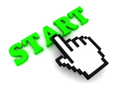 Hand cursor presses the word Start Stock Illustration