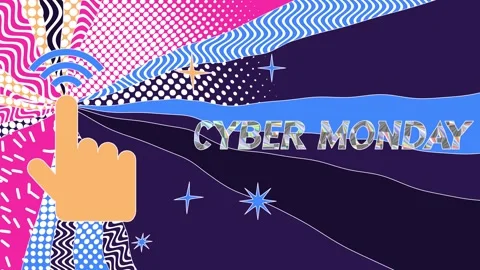 Hand cursor tapping a screen with wifi signals, promoting Cyber Monday sales Video stock 348765812