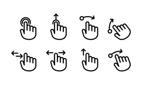 Hand cursor touch screen gestures icon set. Swipe to left right up icon set.  Illustrazione stock