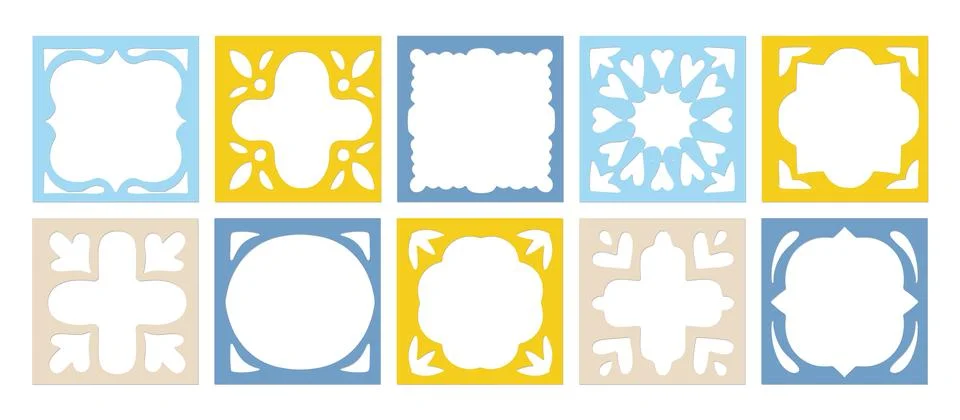 Hand cut paper frames collection, rustic square tile labels set with folk floral Stock Illustration