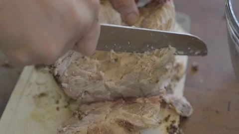 Hand cuts through cold pork meat Stock Footage 251047190
