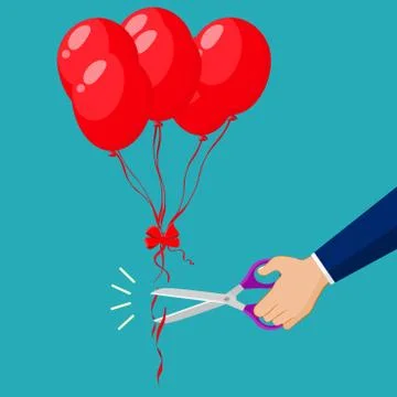 Hand cutting balloon string with scissors. Flat style vector illustration Illustrazione stock