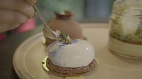 Hand Cutting Into Modern Plated Dessert With Sweets in Sydney Cafe, Australia Stock Footage 345814486