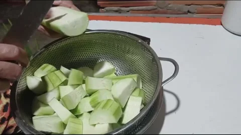 Hand Cutting Sponge Gourd Slices for Cooking in Vietnamese Kitchen Vídeos de archivo 335933528