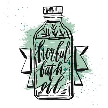 Hand ddrawn Cosmetic bottle vector illustration with herbal bath oil Stock Illustration