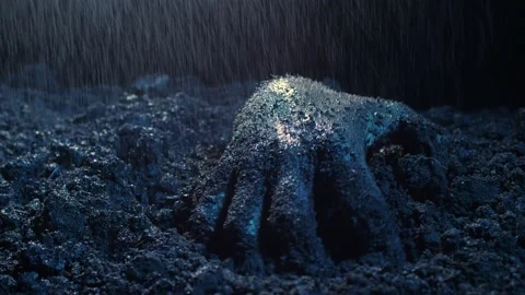 Hand of a deadman rising out from the ground at the rain Stock Footage 132908080