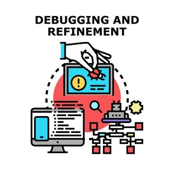 Hand debugging software on tablet screen with code Illustrazione stock
