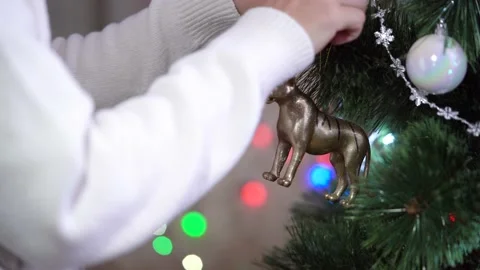 Hand decorates Christmas tree with toy in shape tiger. New Year 2023, Year Tiger 動画素材 225501249