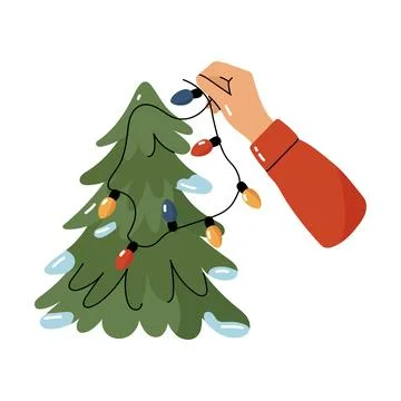 Hand decorating Christmas tree with light garland vector Stock Illustration