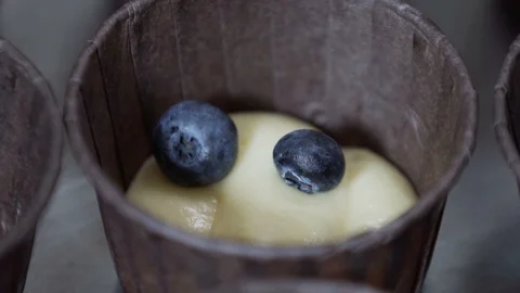 Hand decorating cup cake with blueberry. Slow motion 스톡 동영상 96140546