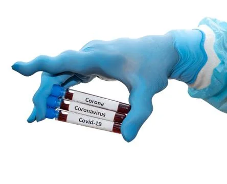 A hand deformated of waves holding a test tubes with labels of corona virus, Stock Photos