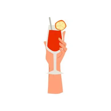 Hand with delicious cocktail with apple slice, flat vector illustration isolated Illustrazione stock