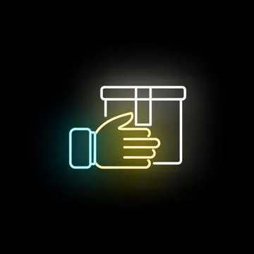 Hand delivering package in neon glowing outline Stock Illustration