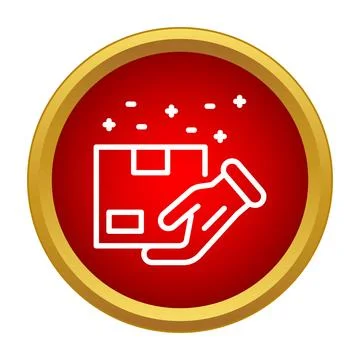Hand delivering package in red gold outlined icon Illustration