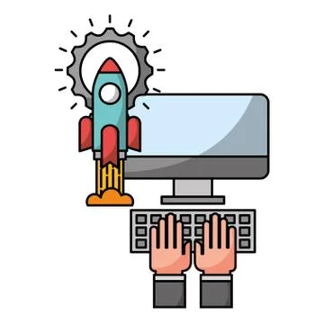 Hand with desktop computer and icons イラスト素材