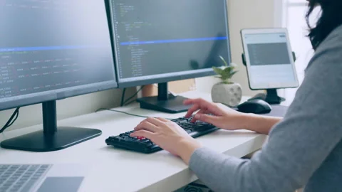 Hand of developer programmer, software engineer, typing on computer keyboard Stock Footage 221085456