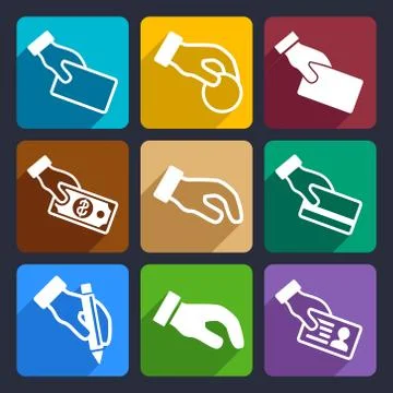 Hand with different objects Flat Icons Set Illustration