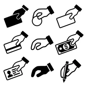 Hand with different objects icons set Ilustração Stock