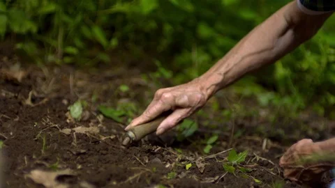 Hand digging the soil in slow motion with hand trowel Stock Footage 81215584