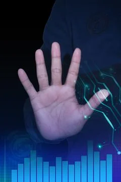 Hand with digital interface and graphs, concept of futuristic technology an.. Stock Illustration