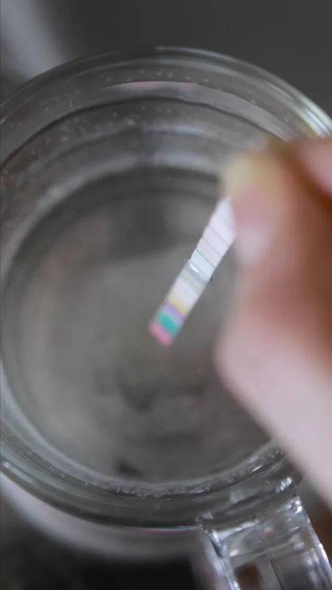 Hand dips DIY test strip into clear glass of tap water for quality analysis at Stock Footage 328818926