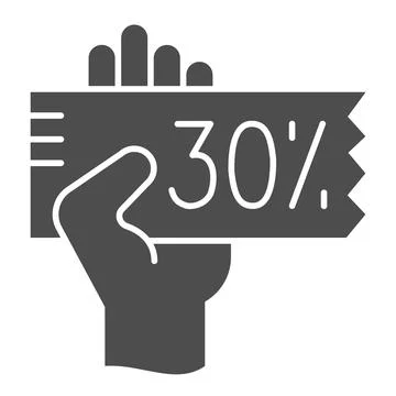 Hand with a discount coupon solid icon, shopping concept, big discounts sign on Stock Illustration