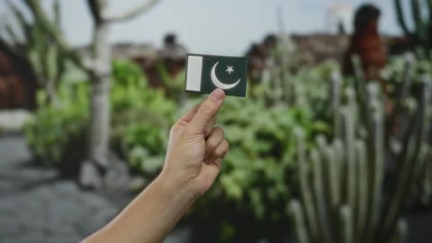 Hand displaying embroidered pakistani flag patch in outdoor park setting wi.. Stock Footage 310051477