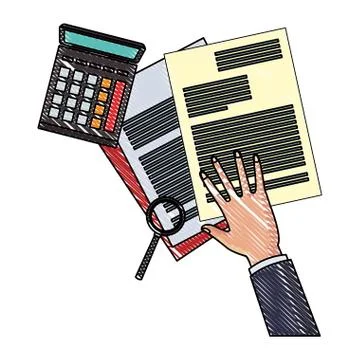 Hand on documents and calculator with magnifying glass scribble イラスト素材