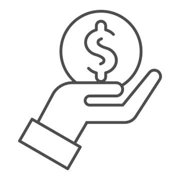 Hand with dollar thin line icon. Palm holding coin symbol, outline style Stock-Illustration