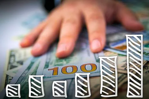 Hand on dollars with financial graph going up Stock Illustration