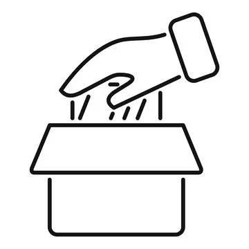 Hand donating items into a donation box outline icon Stock Illustration