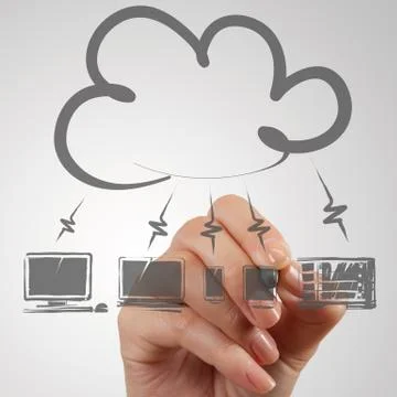 Hand draawing cloud computing diagram on the new computer interface Illustrazione stock